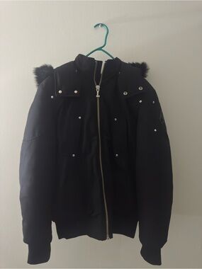 Moose Knuckles Black Men's Ballistic Bomber Jacket w/ Fur Trim